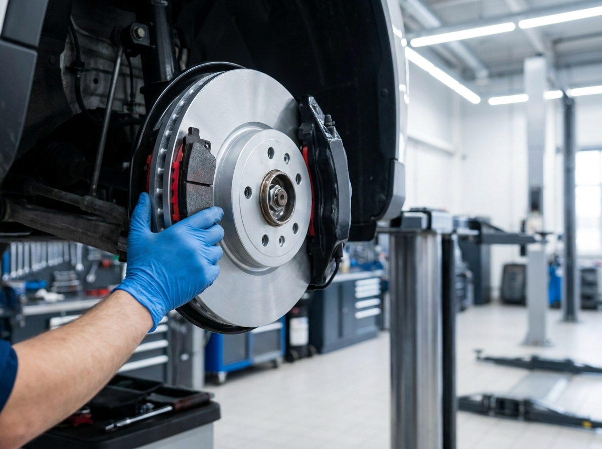 Disc brake rotor and pads during a Toyota brake service