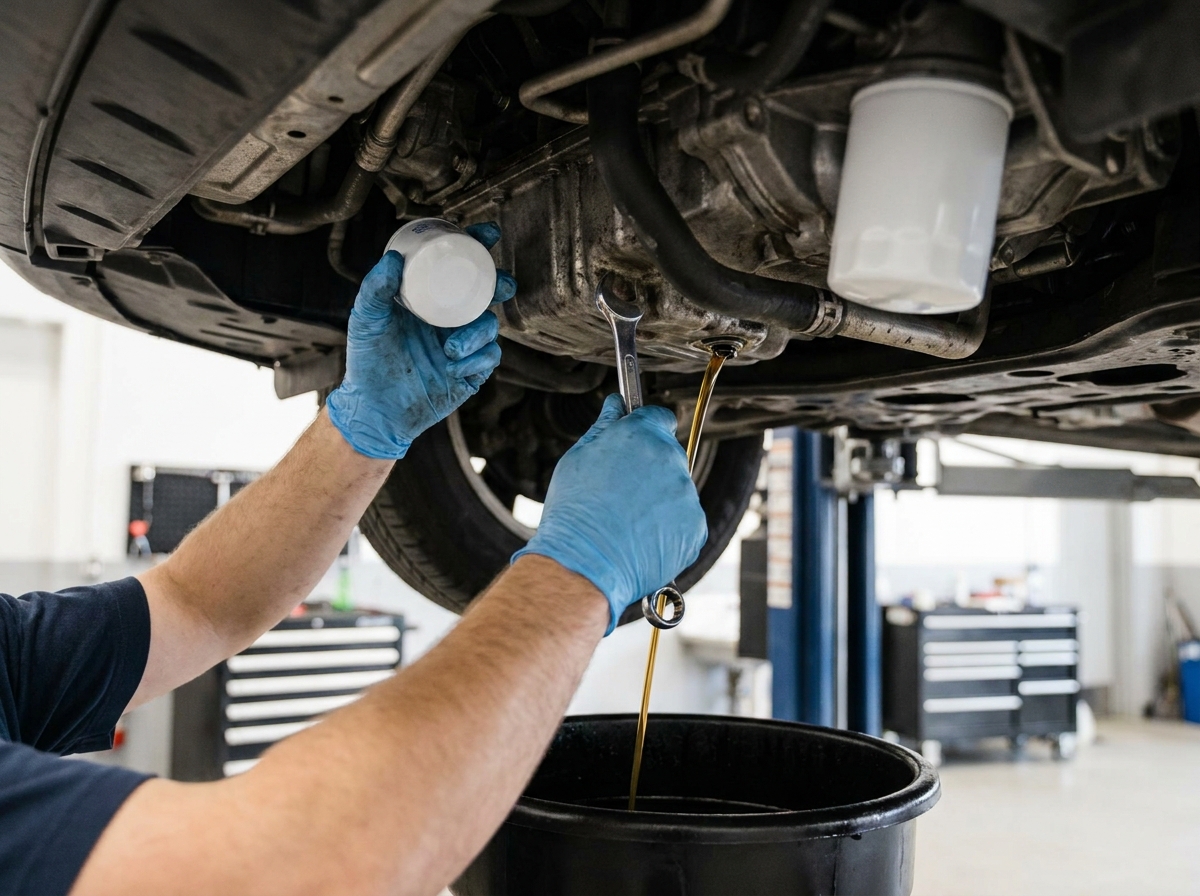 Technician performing a full synthetic oil change and oil filter replacement