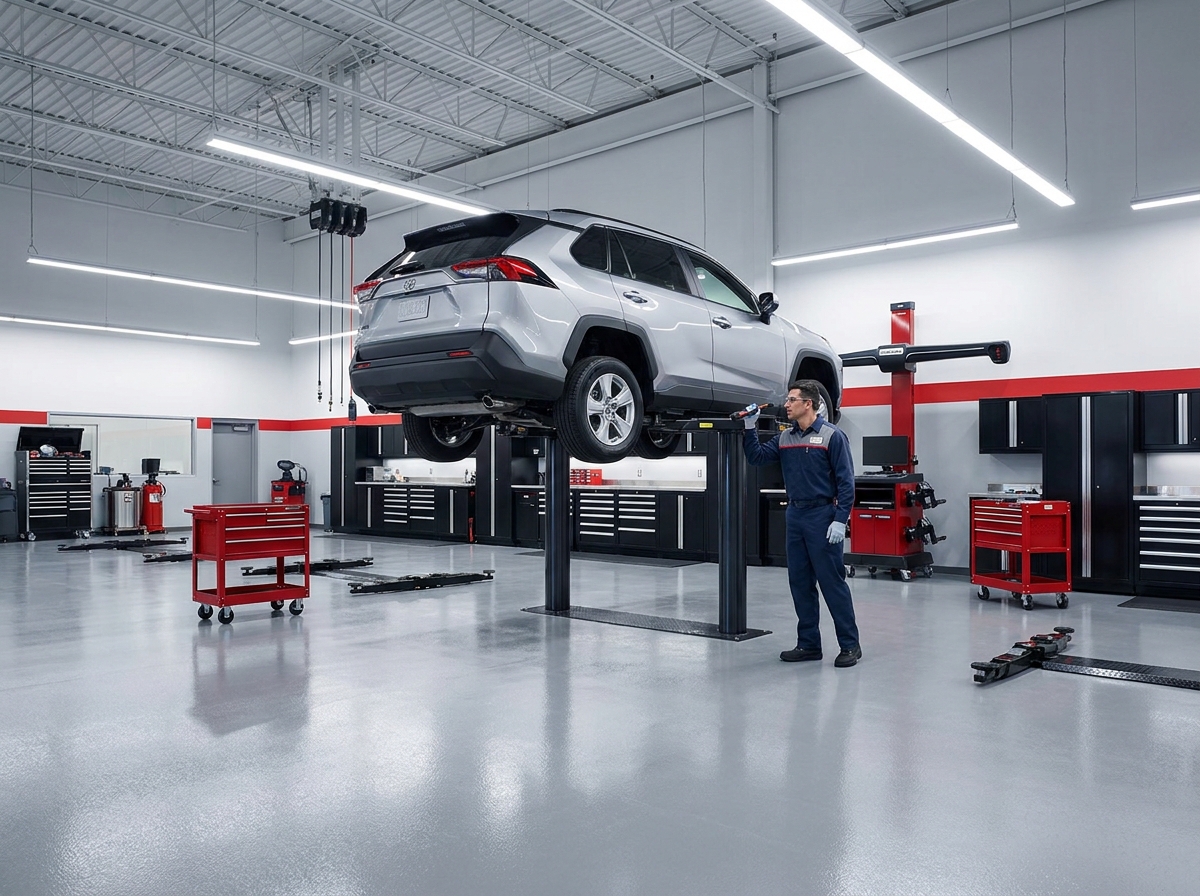 Modern Don Wood Toyota service center bay with a vehicle on a lift
