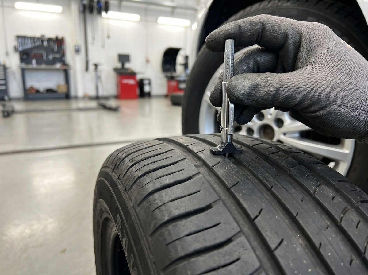 Technician checking tire tread depth during a Toyota tire service